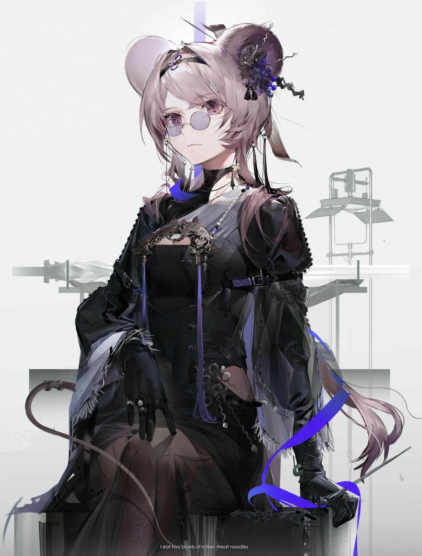 1girl animal_ears arknights belt black_gloves black_jacket breasts cleavage_cutout closed_mouth clothing_cutout english_text feet_out_of_frame gloves grey_hair hair_intakes hair_ornament hairband hairpin highres jacket lin_(arknights) long_hair long_sleeves looking_at_viewer pince-nez purple_eyes shuiyaoximushi slit_pupils small_breasts solo tail