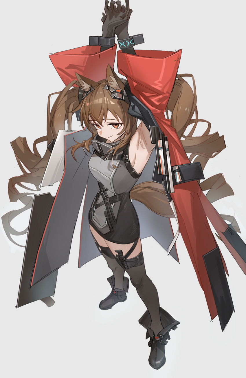 1girl absurdres angelina_(arknights) angelina_(endfield)_(arknights) animal_ear_fluff animal_ears arknights arknights:_endfield armpits arms_up black_dress black_footwear black_gloves black_thighhighs bracelet breasts brown_hair chinese_commentary closed_mouth coat commentary_request dress drill_hair fox_ears fox_girl fox_tail full_body gloves hair_between_eyes headgear highres hongchamashu jewelry long_hair long_sleeves medium_breasts orange_eyes red_coat simple_background sleeveless sleeveless_dress solo tail thighhighs twintails white_background wide_sleeves