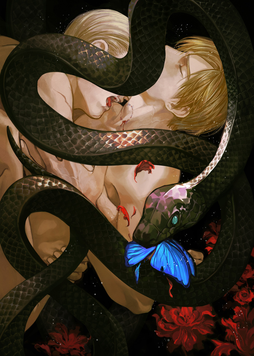 2boys bite_mark black_snake blonde_hair blood blood_on_body blue_butterfly brown_hair bug butterfly closed_eyes completely_nude curtained_hair flower godsstation highres jack_krauser leon_s._kennedy male_focus multiple_boys nude open_mouth red_flower resident_evil resident_evil_4 resident_evil_4_(remake) snake tongue tongue_out yaoi