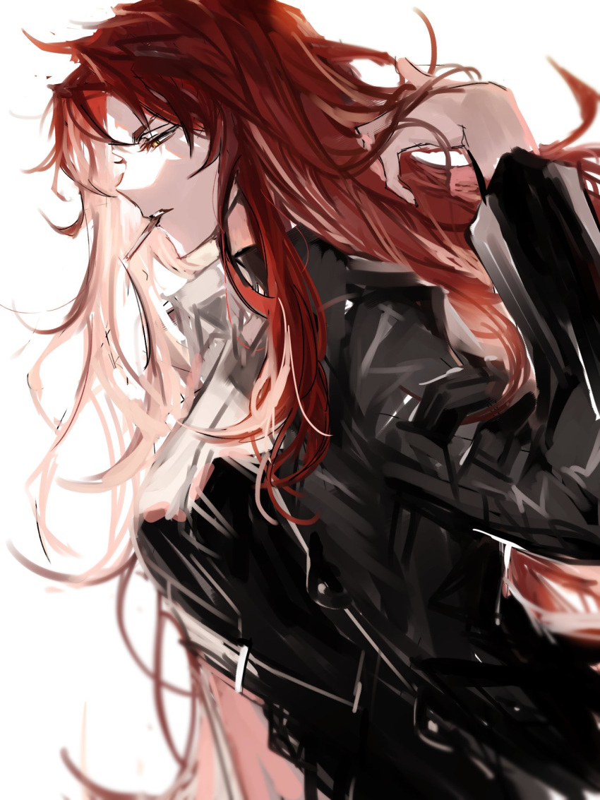 1girl black_jacket black_shirt cigarette collared_shirt dutch_angle hand_in_own_hair highres jacket kali_(project_moon) library_of_ruina long_hair long_sleeves looking_to_the_side profile project_moon red_hair remsrar shirt sidelocks simple_background solo very_long_hair white_background