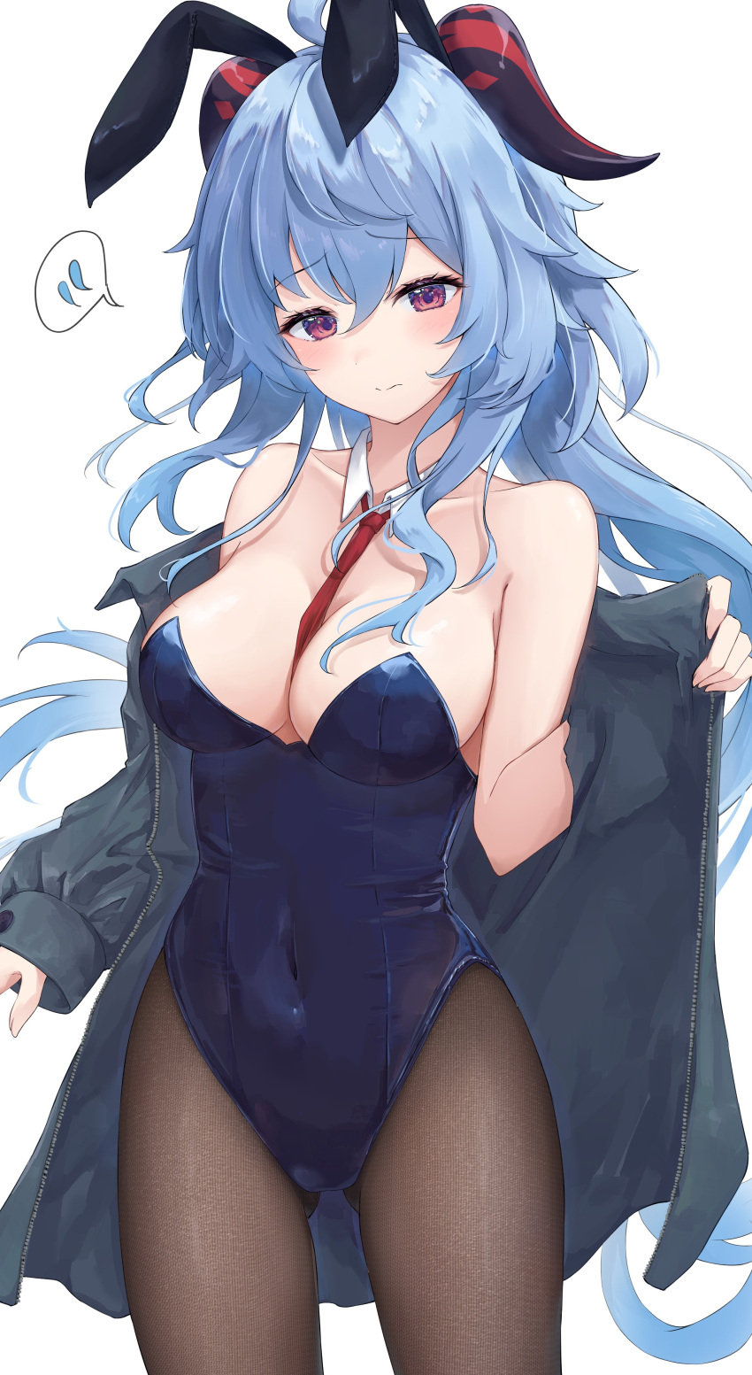 1girl absurdres ahoge animal_ears black_pantyhose blue_hair blue_leotard blush breasts commentary_request covered_navel detached_collar fake_animal_ears flying_sweatdrops ganyu_(genshin_impact) genshin_impact goat_horns grey_jacket highres horns jacket leotard long_hair long_sleeves medium_breasts necktie open_clothes open_jacket pantyhose playboy_bunny purple_eyes rabbit_ears red_necktie simple_background solo spoken_flying_sweatdrops strapless strapless_leotard tu_(to_sse) very_long_hair wavy_hair white_background