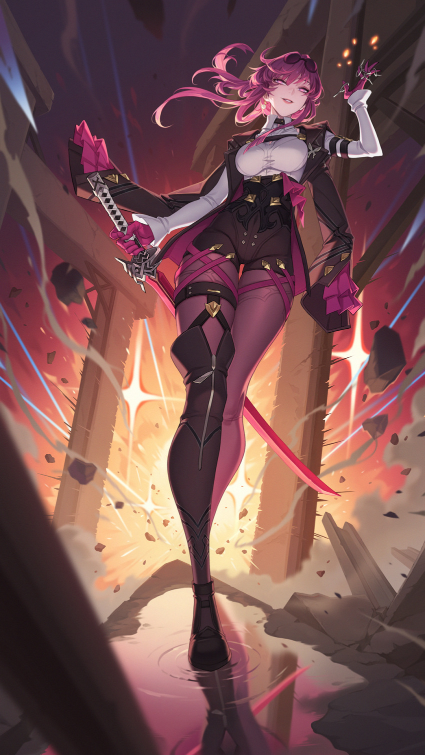 1girl arm_belt arm_up belt black_belt black_footwear black_jacket black_skirt boots breasts citemer collared_shirt dust earrings explosion eyewear_on_head floating_hair gloves hair_between_eyes high-waist_skirt highres holding holding_sword holding_weapon honkai:_star_rail honkai_(series) jacket jewelry kafka_(honkai:_star_rail) katana large_breasts lipstick long_hair long_sleeves makeup outdoors pantyhose purple-tinted_eyewear purple_eyes purple_gloves purple_hair purple_lips purple_pantyhose reflection reflective_water ring rock shadow shirt sidelocks single_thigh_boot skirt smile solo sunglasses sword thigh_boots tinted_eyewear walking walking_on_liquid water weapon white_shirt