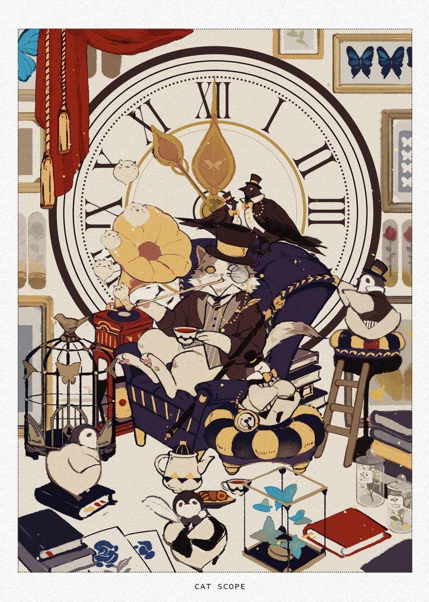 analog_clock armchair bird birdcage black-framed_eyewear black_headwear black_jacket blue_butterfly book book_stack border bug butterfly buttons cage cat chair clock coattails collared_shirt cookie crow cup curtains english_text food furry grey_jacket grey_vest hat highres holding holding_cup holding_smoking_pipe indoors jacket ladder long_sleeves looking_at_viewer monocle mouth_hold no_humans open_clothes open_jacket original penguin phonograph round_eyewear shirt sitting smoking smoking_pipe solid_eyes striped striped_vest tachibana_kai tea teacup teapot top_hat two-sided_fabric two-sided_jacket vertical-striped_vest vertical_stripes vest white_border white_shirt yellow_eyes