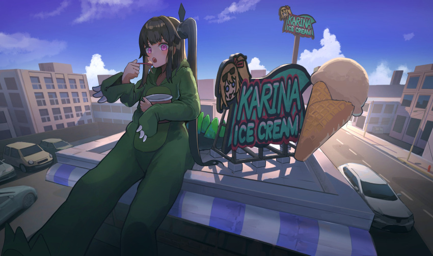 1girl alternate_costume animal_costume architect_(girls'_frontline) black_hair bucket car commission dragon_costume eating food giant giantess girls'_frontline hanabusaraleigh highres holding holding_spoon ice_cream ice_cream_cone kalina_(girls'_frontline) long_hair looking_at_viewer motor_vehicle open_mouth outdoors purple_eyes sangvis_ferri second-party_source side_ponytail sitting solo spoon