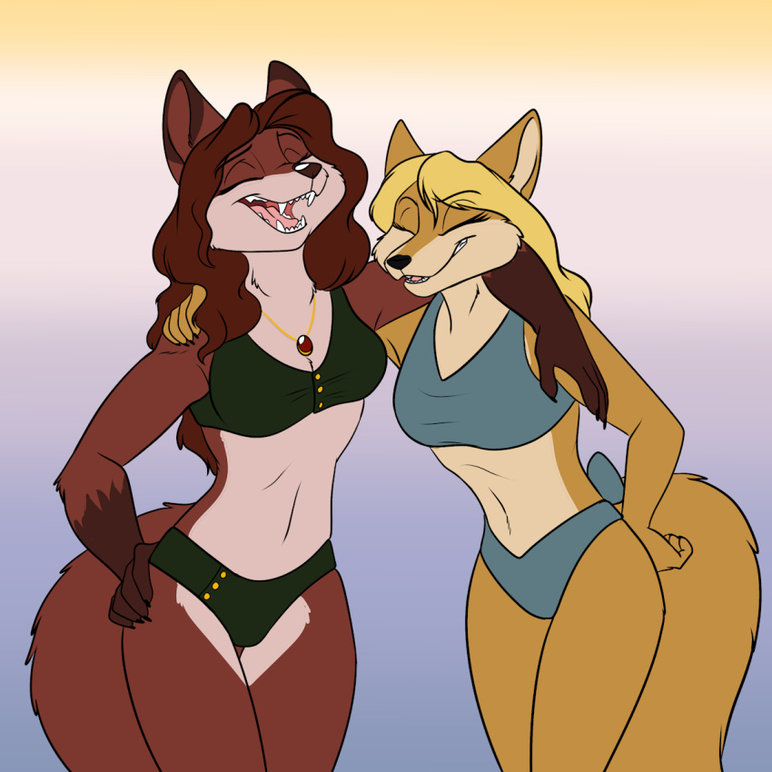 1:1 anthro bikini black_nose blonde_hair breasts canid canine clothed clothing diana_artemis duo eyes_closed female fox foxenawolf fur gloves_(marking) gradient_background hair hi_res jennifer_sherwood jewelry laugh mammal markings midriff navel necklace open_mouth orange_body orange_fur red_body red_fur red_hair simple_background swimwear tail teeth