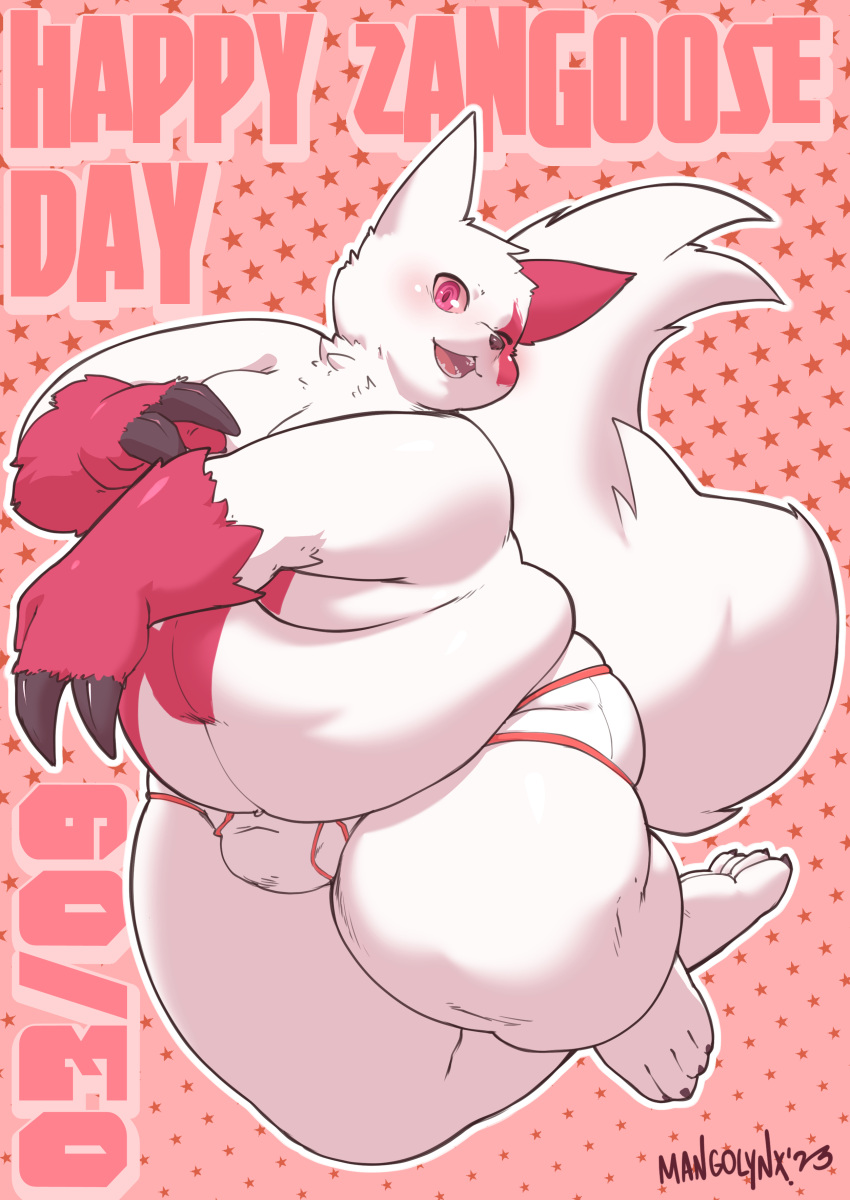 2023 absurd_res anthro belly big_belly black_nose blush bulge clothing generation_3_pokemon hi_res male mangolynx moobs nintendo overweight overweight_male pokemon pokemon_(species) red_body solo underwear white_body zangoose zangoose_day