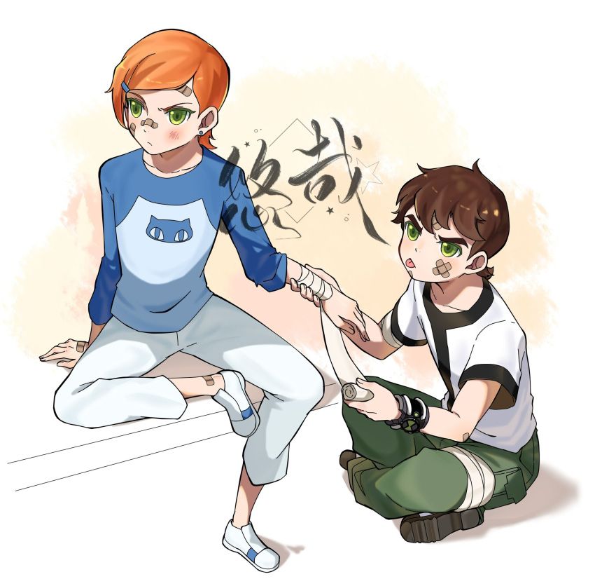 1boy 1girl artist_name bandaged_leg bandaged_wrist bandages bandaid bandaid_on_face bandaid_on_leg ben_10 benjamin_kirby_tennyson brown_hair bruise bruise_on_face commission cousins full_body green_eyes gwendolyn_tennyson highres indian_style injury omnitrix on_floor orange_hair pants shirt shoes short_hair sitting t-shirt tongue tongue_out youzaiyouzai112