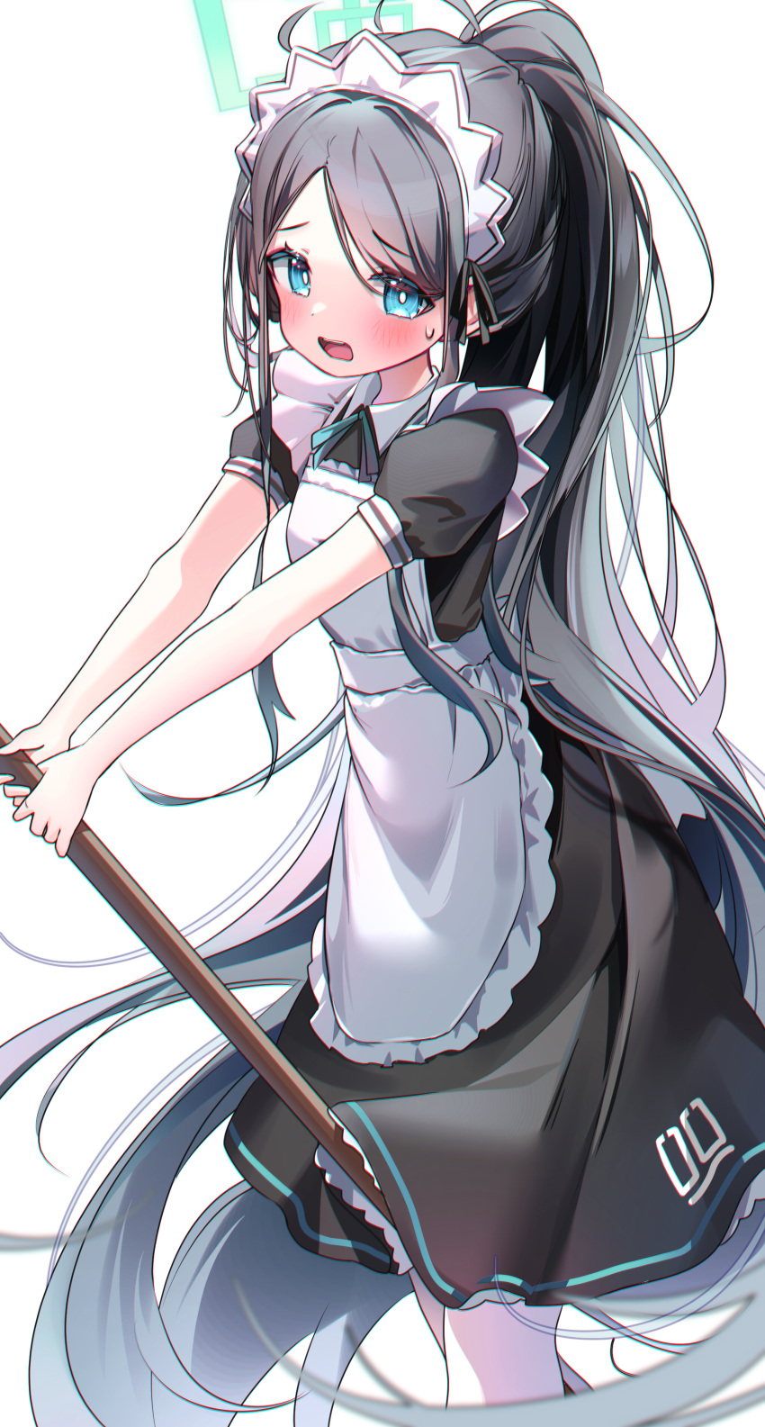 1girl absurdly_long_hair absurdres apron aris_(blue_archive) aris_(maid)_(blue_archive) black_dress black_hair blue_archive blue_eyes blush bright_pupils commentary dress feet_out_of_frame frilled_apron frills green_halo halo highres long_hair looking_at_viewer maid maid_apron maid_headdress nyaruin open_mouth revision ringed_eyes short_sleeves simple_background solo symbol-only_commentary very_long_hair white_apron white_background white_pupils
