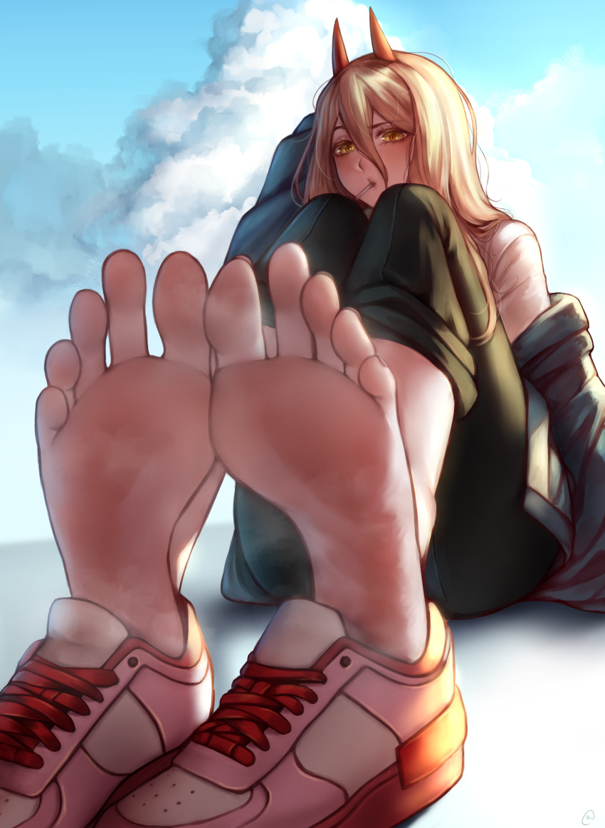 1girl barefoot black_pants blonde_hair blush chainsaw_man cloud cloudy_sky day demon_girl demon_horns eyelashes feet foot_focus foreshortening full_body greek_toe grey_jacket hair_between_eyes hand_on_own_head hand_up highres horns jacket knees_up legs_together long_hair looking_at_viewer mouth_hold nikishiko off_shoulder outdoors pants pink_footwear power_(chainsaw_man) shirt shoes shoes_removed sitting sky smell sneakers soles solo steaming_body toenails toes white_shirt yellow_eyes