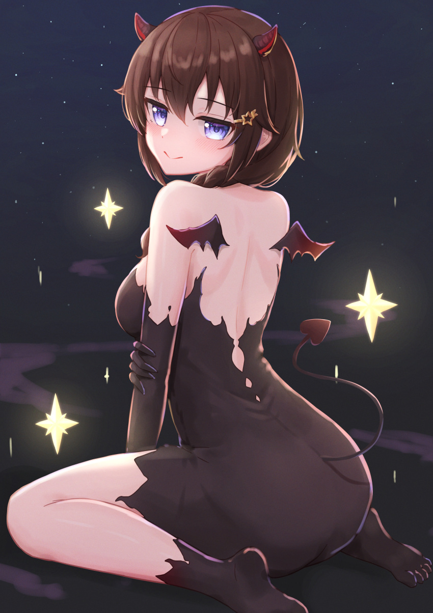 1girl absurdres black_dress black_gloves blue_eyes braid braided_ponytail breasts brown_hair demon_girl demon_horns demon_tail demon_wings dress elbow_gloves gloves hair_ornament highres hololive horns long_hair looking_at_viewer medium_breasts sideboob smile solo star_(symbol) star_hair_ornament tail tokino_sora typho virtual_youtuber wings