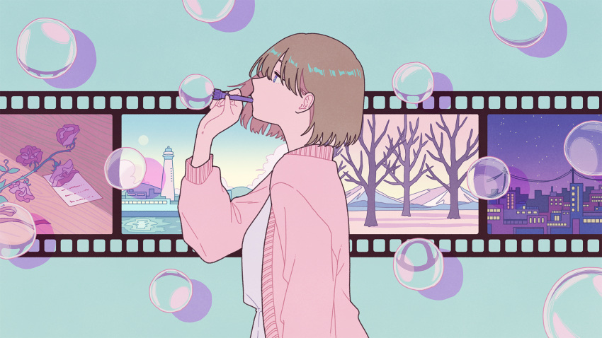 1girl blue_eyes brown_hair bubble bubble_blowing cardigan cityscape dress film_reel flower highres long_sleeves mountain original paper pink_cardigan profile purple_flower shadow shi_oo short_hair solo tower tree upper_body white_dress