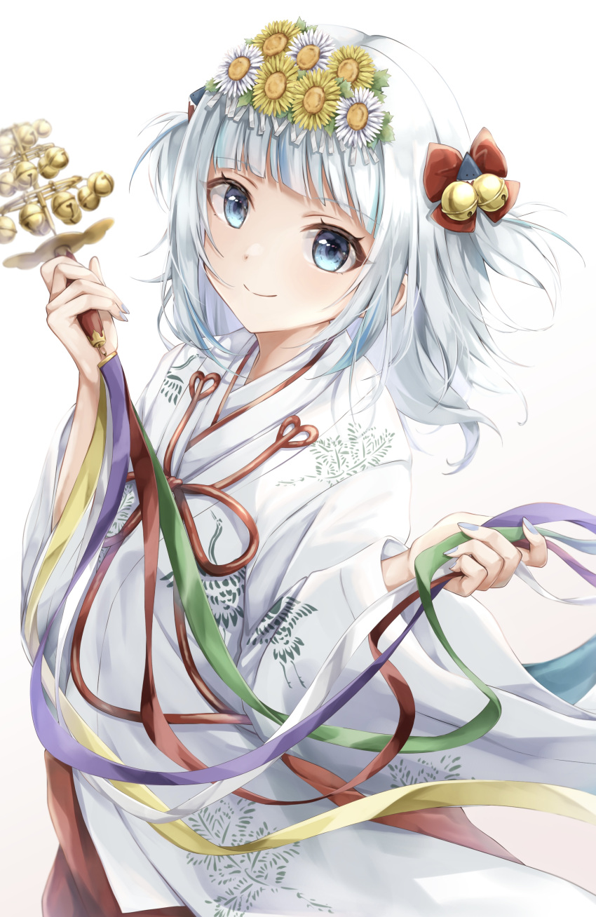 1girl absurdres baumku_techen bell blue_eyes blue_hair chihaya_(clothing) closed_mouth commentary_request fins fish_tail gawr_gura grey_hair hair_bell hair_ornament hakama head_wreath highres hololive hololive_english japanese_clothes jingle_bell long_hair looking_at_viewer miko multicolored_hair red_hakama shark_tail smile solo streaked_hair tail two_side_up virtual_youtuber