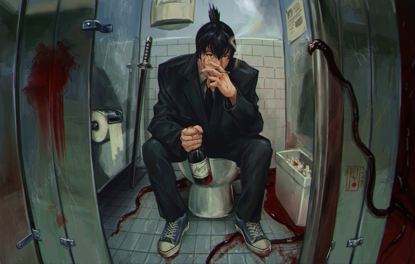 1boy absurdres bathroom black_hair black_jacket black_necktie black_pants blood blood_on_clothes blood_on_face blood_on_wall bottle chainsaw_man cigarette collared_shirt formal hayakawa_aki highres holding holding_cigarette jacket jinjilion katana looking_at_viewer necktie pants puddle_of_blood shirt shirt_tucked_in short_hair sitting smoke smoking solo suit suit_jacket sword toilet_paper toilet_stall topknot weapon white_shirt wine_bottle