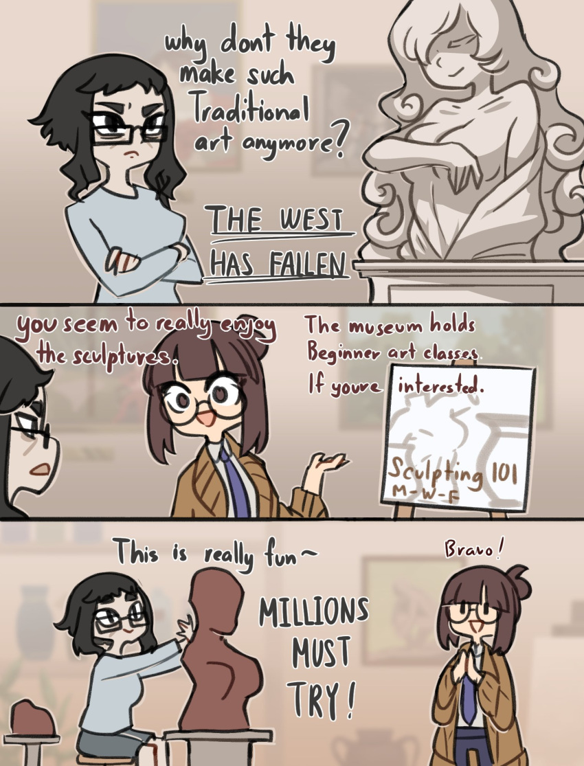 2girls blurry blurry_background centurii-chan_(artist) chudjak clay genderswap genderswap_(mtf) glasses grumpy happy highres marble_(stone) meme multiple_girls museum original scowl sculpture statue tagme teacher teacher_and_student the_west_has_fallen vase wojak