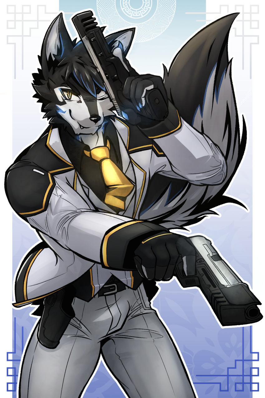 anthro archermagnum belt black_body black_fur blue_hair canid canine canis clothing dual_weapon dual_wielding eyewear fur gun hair hi_res hk_usp_match holding_object holding_weapon holster male mammal necktie ranged_weapon shinjody shirt solo topwear usp weapon white_body wolf