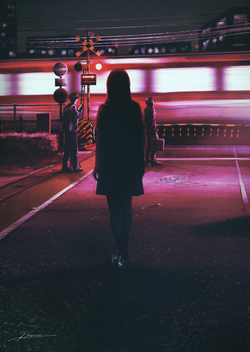 1girl briefcase cityscape fracoco highres holding holding_briefcase long_hair looking_at_phone manhole_cover motion_blur night original outdoors people phone railroad_crossing road road_sign sailor_collar scenery school_uniform serafuku sign signature silhouette socks solo_focus standing stop_sign train wide_shot