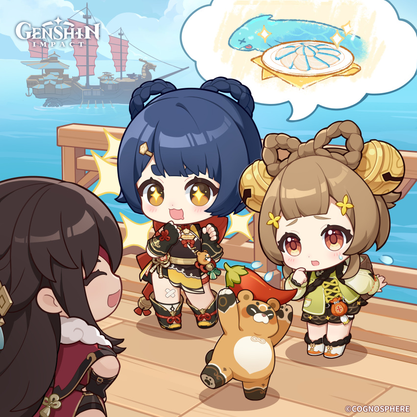 3girls absurdres beidou_(genshin_impact) bell black_footwear black_gloves blue_hair boat boots braided_hair_rings brown_eyes brown_hair chibi cloud commentary copyright_name day dot_nose dress english_commentary fingerless_gloves flying_sweatdrops food genshin_impact gloves guoba_(genshin_impact) hair_bell hair_ornament hairclip hand_on_own_hip hands_up highres holding holding_food leaning_forward light_brown_hair looking_at_another multiple_girls ocean official_art open_mouth outdoors raised_eyebrows smile sparkle sparkling_eyes standing sweatdrop tassel watercraft xiangling_(genshin_impact) yaoyao_(genshin_impact)