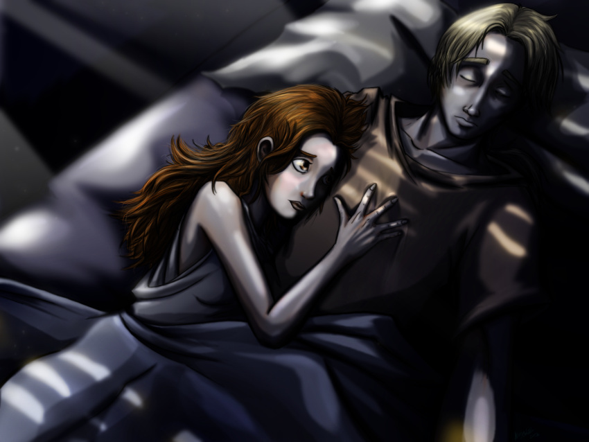 4:3 bed bedding blanket blinds blonde_hair brown_eyes brown_hair clothed clothing cuddling eyes_closed female furniture gangrel hair hi_res human humanoid kiaun male male/female mammal roleplay_character sleeping vampire vampire_the_masquerade world_of_darkness