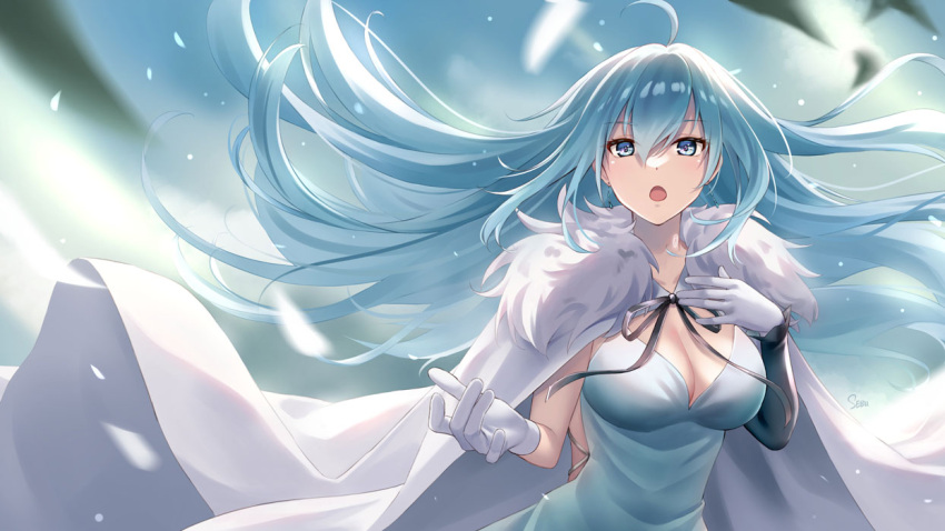 1girl ahoge aqua_eyes aqua_hair blue_dress breasts cape cleavage commentary dress elbow_gloves facing_viewer fur_cape gloves hand_on_own_chest long_hair music open_mouth sebu_illust singing single_elbow_glove solo upper_body vivy vivy:_fluorite_eye's_song white_cape white_gloves