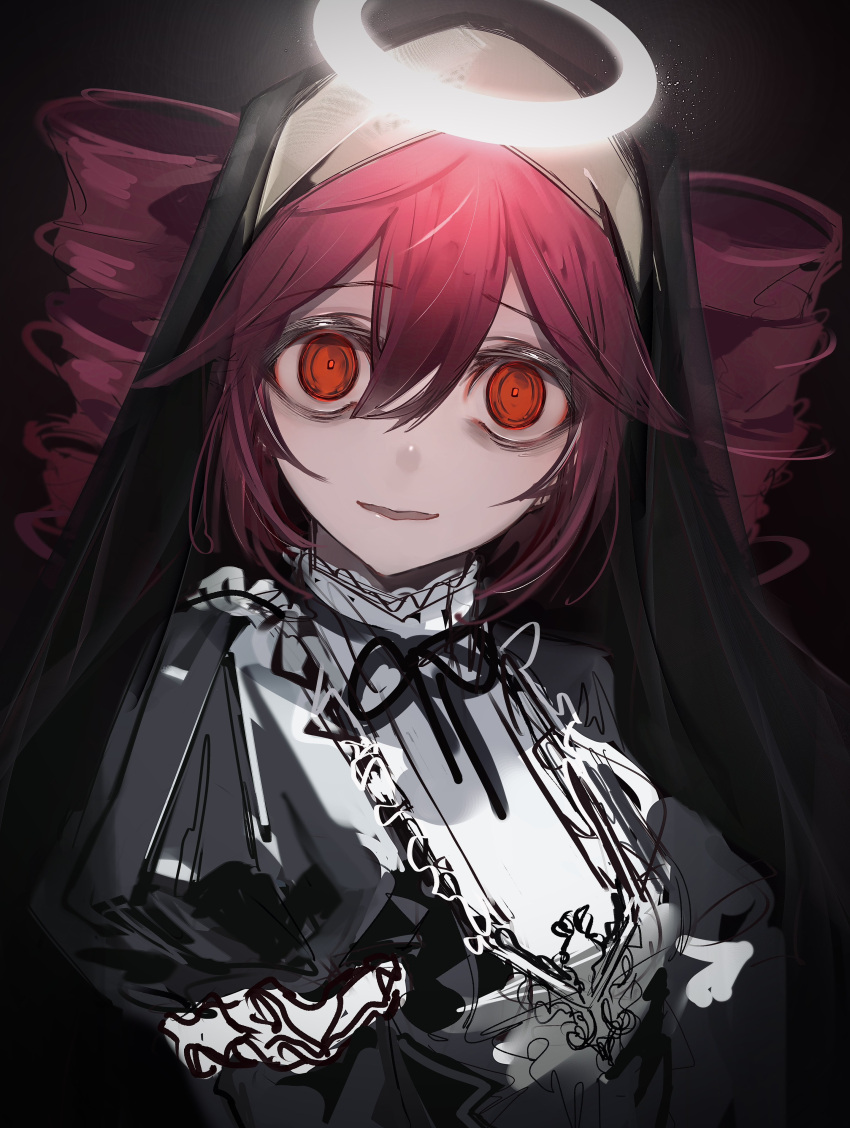 1girl absurdres alternate_costume drill_hair halo highres kasane_teto looking_at_viewer maid nept_o pink_hair red_eyes solo traditional_nun twin_drills utau