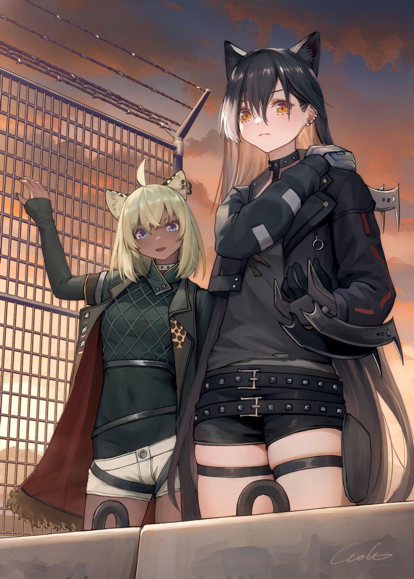 2girls absurdres ahoge animal_ears arknights black_choker black_hair black_jacket black_shorts breasts cat_ears cat_girl choker covered_navel cowboy_shot dagda_(arknights) dark-skinned_female dark_skin ear_piercing evening extra_ears fence green_leotard highres jacket leotard leotard_under_clothes long_hair morgan_(arknights) multiple_girls open_clothes open_jacket orange_eyes outdoors piercing short_shorts shorts signature small_breasts standing studded_choker sunset thigh_strap two-sided_fabric two-sided_jacket very_long_hair welt_(kinsei_koutenkyoku) white_shorts