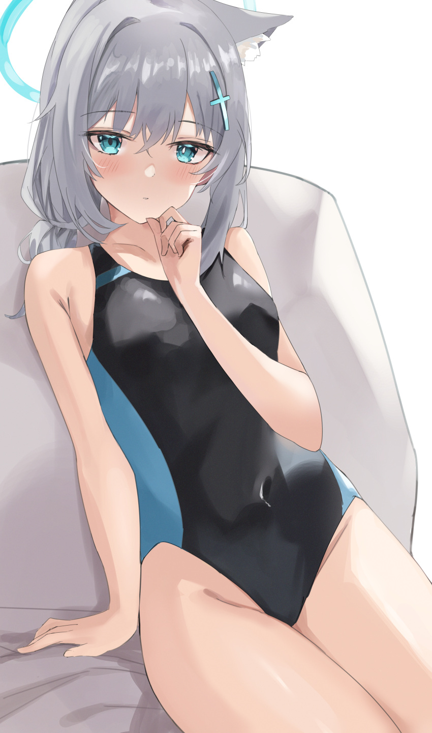 1girl absurdres animal_ear_fluff animal_ears bare_arms bare_legs bare_shoulders black_one-piece_swimsuit blue_archive blue_eyes blue_halo blush closed_mouth competition_swimsuit cross_hair_ornament extra_ears grey_hair hair_between_eyes hair_ornament halo highres medium_hair nohohon_neko official_alternate_costume one-piece_swimsuit shiroko_(blue_archive) shiroko_(swimsuit)_(blue_archive) solo swimsuit wolf_ears