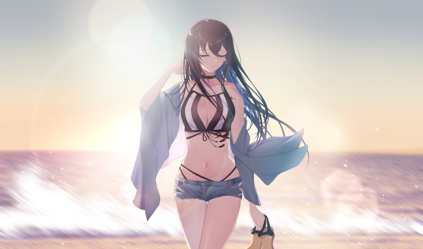 1girl absurdres backlighting bikini black_bikini black_choker black_hair blue_hair blurry blurry_background breasts choker cleavage closed_eyes closed_mouth collarbone commentary_request denim denim_shorts facing_viewer floating_hair front-tie_bikini_top front-tie_top grey_shorts haru_(haru83380282) highres holding holding_clothes holding_footwear ichinose_uruha large_breasts long_hair multi-strapped_bikini_bottom short_shorts shorts solo standing straight_hair swimsuit very_long_hair virtual_youtuber vspo!