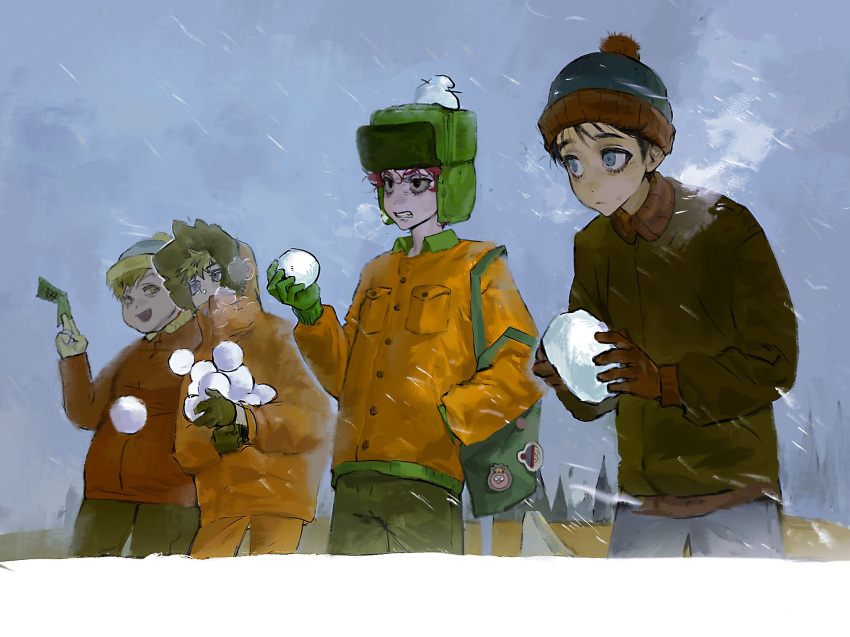 4boys black_hair blue_eyes child closed_mouth eric_cartman fat gloves green_bag hair_between_eyes hay highres kenny_mccormick kyle_broflovski money multiple_boys red_hair rioka_(southern_blue_sky) snow south_park stan_marsh teeth