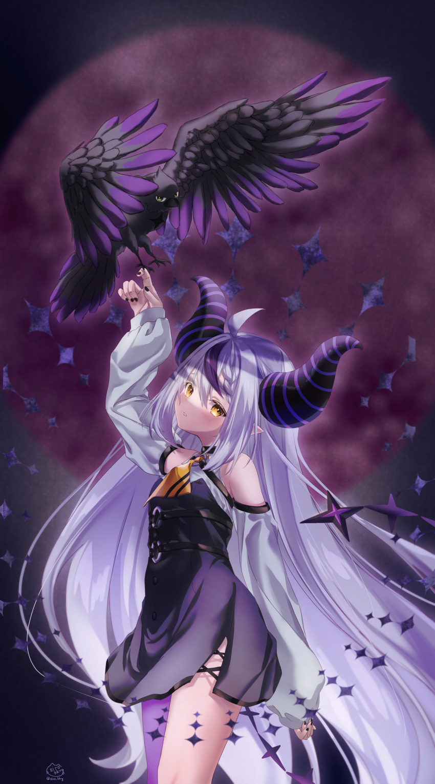 1girl absurdres ahoge bare_shoulders bird bird_on_hand black_horns black_nails braid braided_bangs crow_(la+_darknesss) detached_sleeves grey_hair highres hololive horns la+_darknesss la+_darknesss_(1st_costume) long_hair multicolored_hair pointy_ears purple_hair purple_thighhighs shiro_kikurage single_thighhigh streaked_hair striped_horns thighhighs very_long_hair virtual_youtuber yellow_eyes