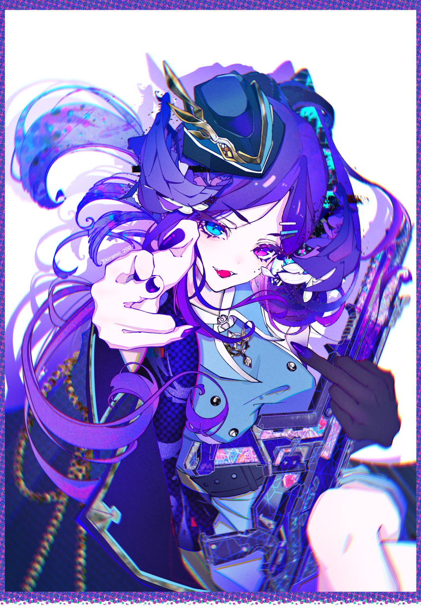 1girl absurdres apex_legends assault_rifle black_gloves black_headwear blue_dress blue_eyes blue_jacket border breasts chinese_commentary chromatic_aberration dress fangs finger_gun floating_hair garrison_cap gloves gun hat head_tilt head_wings heterochromia highres jacket kiramii long_hair looking_at_viewer medium_breasts middle_finger nail_polish nijisanji nijisanji_en official_alternate_costume open_mouth procreate_(medium) purple_border purple_eyes purple_hair purple_nails r-301_carbine rifle selen_tatsuki single_glove smile solo twitter_username very_long_hair virtual_youtuber weapon white_background wings