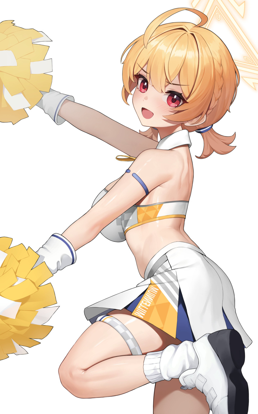 1girl absurdres ahoge arm_strap back bare_arms bare_legs bare_shoulders blonde_hair blue_archive braid breasts cheerleader crop_top detached_collar from_side halo highres holding holding_pom_poms kotori_(blue_archive) kotori_(cheerleader)_(blue_archive) large_breasts leg_up legs looking_at_viewer looking_to_the_side median_furrow midriff millennium_cheerleader_outfit_(blue_archive) miniskirt official_alternate_costume open_mouth outstretched_arms pleated_skirt pom_pom_(cheerleading) red_eyes sbbs shirt shoes short_twintails simple_background skirt sleeveless sleeveless_shirt smile sneakers socks solo thighs twintails two-tone_shirt v-shaped_eyebrows white_background white_footwear white_shirt white_skirt white_socks wrist_cuffs