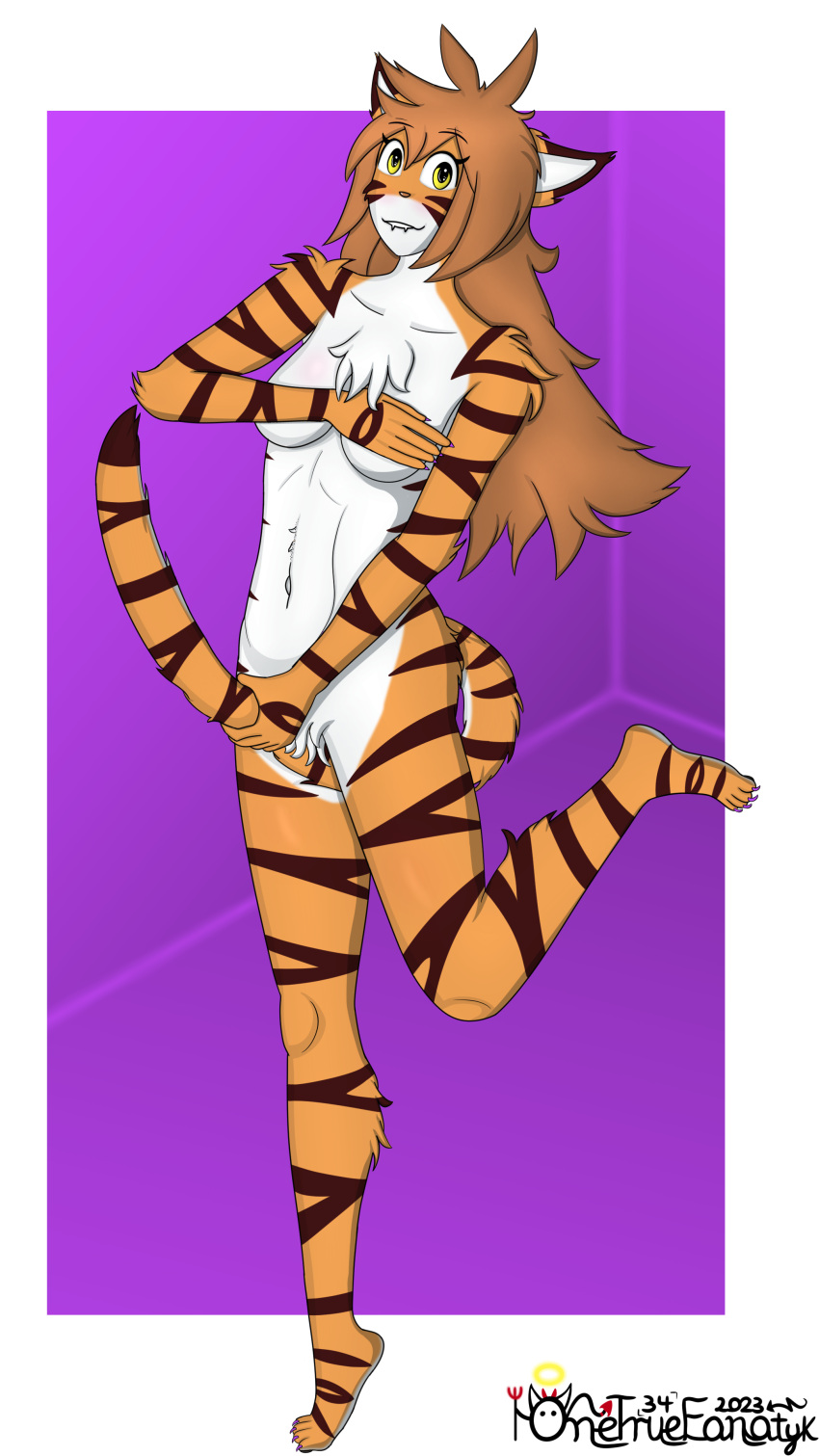 4k 9:16 absurd_res anthro breasts digital_media_(artwork) felid female flora_(twokinds) fur hair hi_res keidran looking_at_viewer mammal onetruefanatyk orange_body pantherine simple_background smile solo striped_body striped_fur stripes tail tiger twokinds webcomic webcomic_character