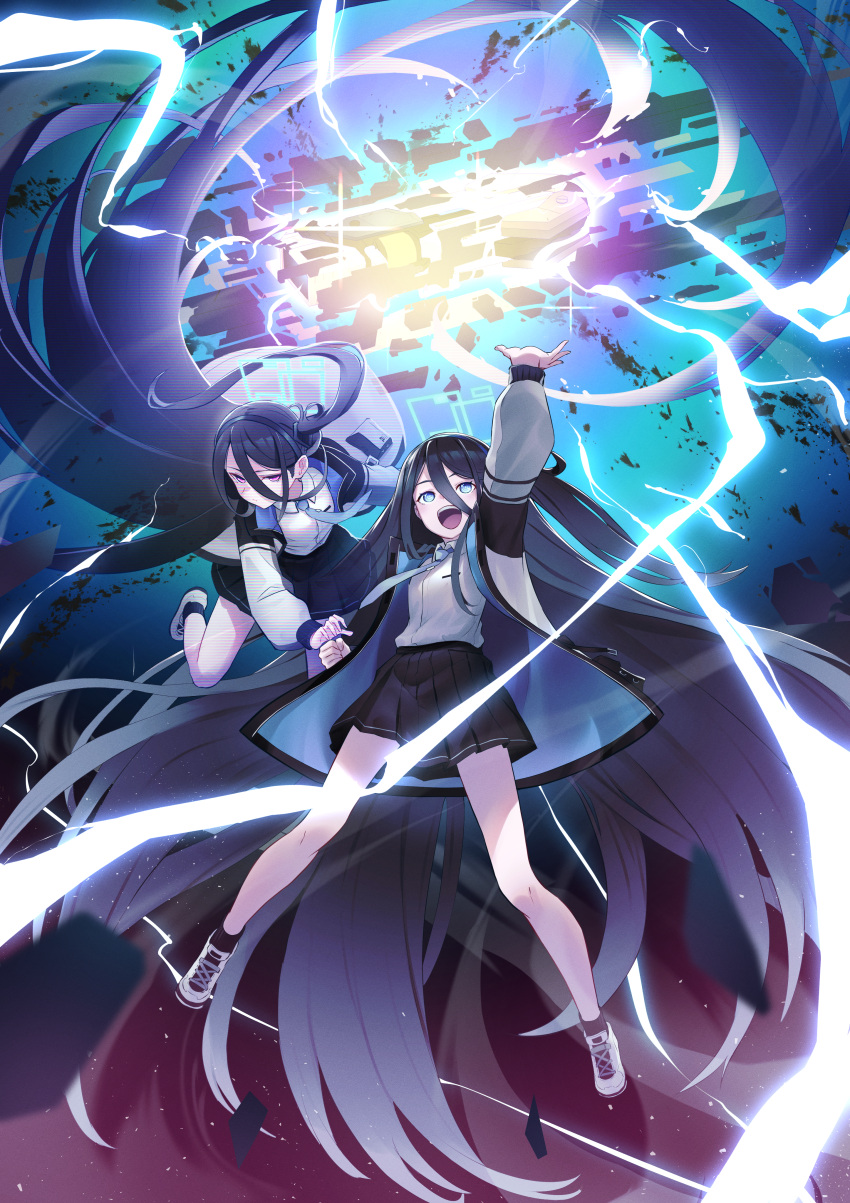 &lt;key&gt;_(blue_archive) 2girls absurdres aris_(blue_archive) arm_up black_hair black_hairband black_jacket black_skirt blue_archive blue_eyes blue_jacket blue_necktie collared_shirt commentary_request dual_persona glowing hair_between_eyes hairband highres jacket light_particles lightning long_hair long_sleeves looking_up multicolored_clothes multicolored_jacket multiple_girls necktie one_side_up open_clothes open_jacket open_mouth purple_eyes rakura_(rakurax) shirt shirt_tucked_in shoes skirt sneakers spoilers two-sided_fabric two-sided_jacket very_long_hair white_footwear white_jacket white_shirt wide_shot