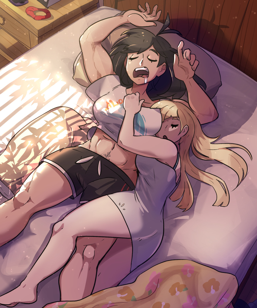 2girls aged_up alternate_muscle_size antenna_hair barefoot black_hair black_shorts blonde_hair breasts hair_ornament hair_scrunchie height_difference highres juno_son large_breasts lillie_(pokemon) long_hair messy_hair messy_sleeper multiple_girls muscular muscular_female nightgown pillow pokemon pokemon_(game) pokemon_sm scrunchie selene_(pokemon) shadow shirt short_hair shorts sleeping sleepwear sleeveless snoring t-shirt very_long_hair yuri