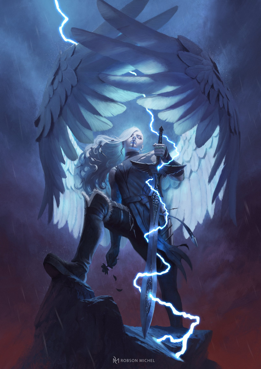 backlighting boots cloud cloudy_sky critical_role feathered_wings flower from_below highres holding holding_flower holding_sword holding_weapon lightning long_hair planted planted_sword robson_michel rock sky sword watermark weapon white_hair wings yasha_(critical_role)