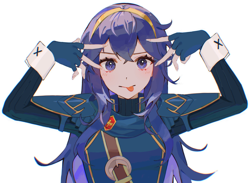 1girl ahoge belt black_shirt blue_eyes blue_hair blue_shirt cape commentary commission crossed_bangs dot_nose double-parted_bangs double_v english_commentary fire_emblem fire_emblem_awakening highres hoshino_ai's_pose long_hair looking_at_viewer lucina_(fire_emblem) mariirasuto7 ribbed_shirt shirt simple_background solo tiara tongue tongue_out v white_background