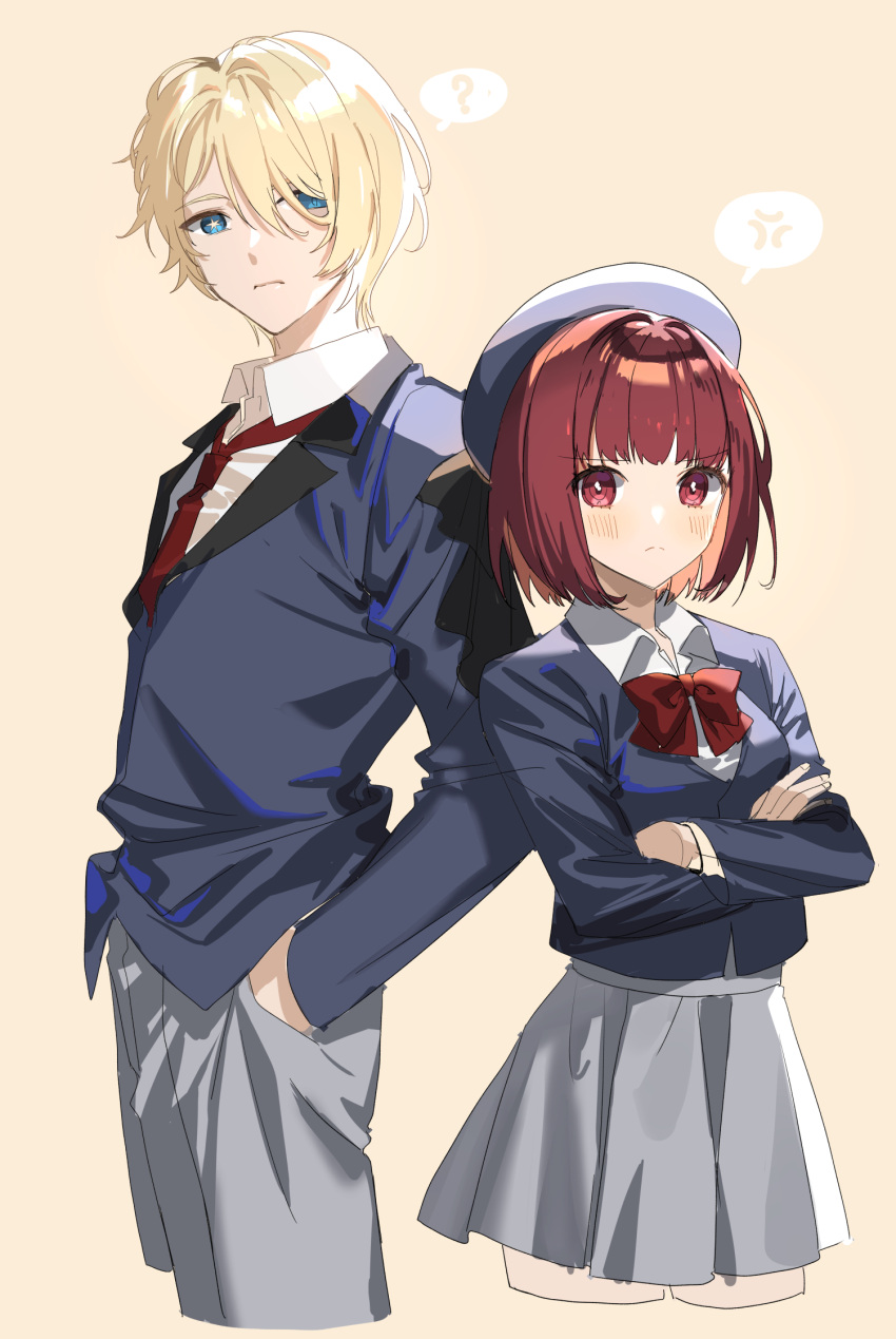 1boy 1girl ? anger_vein arima_kana beret blazer blonde_hair blue_eyes blue_headwear blue_jacket blush bob_cut bow bowtie closed_mouth collared_shirt commentary_request cropped_jacket cropped_legs crossed_arms grey_pants grey_skirt hair_over_one_eye hands_in_pockets hat highres hoshino_aquamarine jacket korean_commentary long_sleeves looking_at_viewer mismatched_pupils mona0101 necktie oshi_no_ko pants pleated_skirt red_bow red_bowtie red_eyes red_hair red_necktie school_uniform shirt short_hair simple_background skirt spoken_anger_vein spoken_question_mark star-shaped_pupils star_(symbol) symbol-shaped_pupils white_shirt yellow_background youtou_high_school_uniform