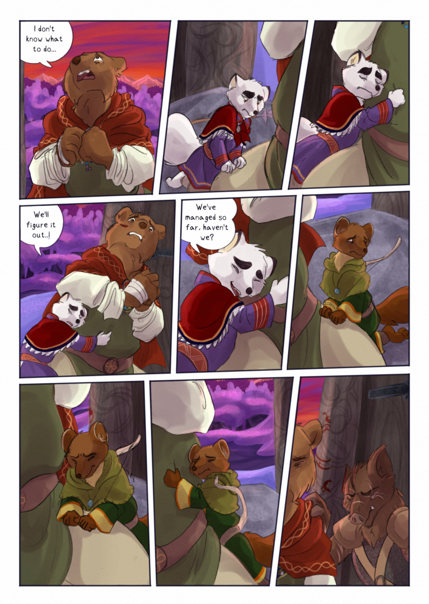 2023 anthro arctic_fox bear biped bjekkergauken brown_bear brown_body brown_fur brown_tail canid canine clothed clothing colored comic dialogue dialogue_box female fox fur green_clothing group gulonine herja_(bjekkergauken) hi_res hillevi male mammal marten mustelid musteline pine_marten red_cloak red_clothing scar shirin_(bjekkergauken) size_difference snow speech_bubble suid suina sus_(pig) tail unni_(bjekkergauken) ursine white_body white_fur white_tail wild_boar