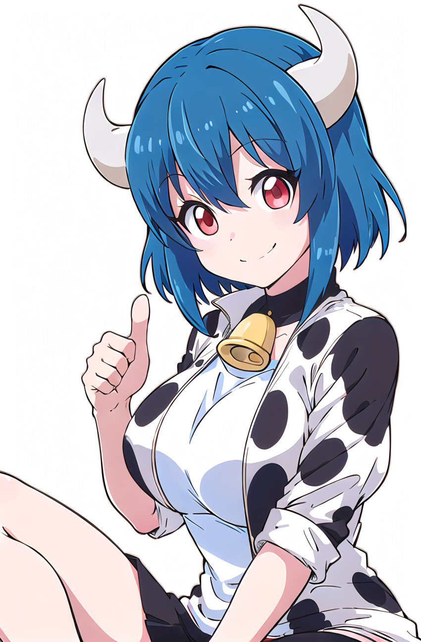 1girl absurdres animal_print bell black_skirt blue_hair blush breasts closed_mouth cow_horns cow_print cowbell highres horns jacket jashin-chan_dropkick large_breasts looking_at_viewer miniskirt minos_(jashin-chan_dropkick) neck_bell print_jacket red_eyes shirt short_hair simple_background skirt smile solo tanukiillust thumbs_up white_background