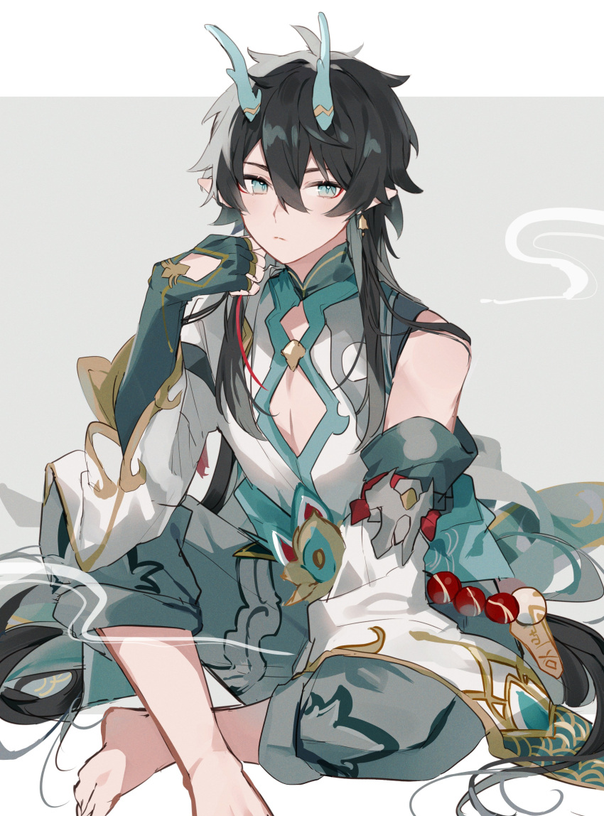 1boy absurdres aqua_eyes black_hair chinese_clothes closed_mouth dan_heng_(honkai:_star_rail) dan_heng_(imbibitor_lunae)_(honkai:_star_rail) dragon_boy dragon_horns dragon_tail earrings grey_background grey_pants head_rest highres honkai:_star_rail honkai_(series) horns jewelry long_hair looking_at_viewer male_focus mokyuko multicolored_background official_alternate_hair_length official_alternate_hairstyle pants pointy_ears red_eyeliner shirt solo tail white_background white_shirt