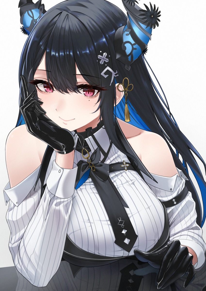 1girl bags_under_eyes black_gloves black_hair blue_hair blush breasts clothing_cutout collarbone demon_horns double-parted_bangs gloves hand_on_own_cheek hand_on_own_face head_rest highres hololive hololive_english horns large_breasts looking_at_viewer mintz912 mole mole_under_eye multicolored_hair nerissa_ravencroft red_eyes reflection shirt shoulder_cutout simple_background smile solo striped striped_shirt two-tone_hair upper_body vertical-striped_shirt vertical_stripes virtual_youtuber white_background