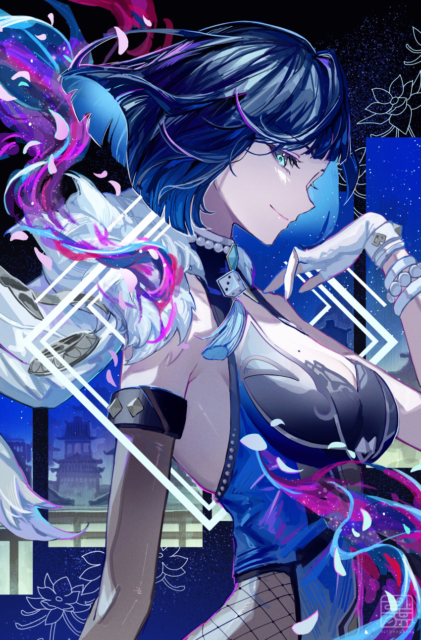 1girl absurdres blue_eyes blue_hair blunt_bangs bracelet breasts building cleavage closed_mouth elbow_gloves falling_petals fingerless_gloves fingernails flower from_side fur_trim genshin_impact gloves highres hitohachan jewelry large_breasts looking_at_viewer nail_polish night night_sky petals pink_nails rose_petals short_hair single_fingerless_glove sky smile solo star_(sky) starry_sky white_gloves window yelan_(genshin_impact)