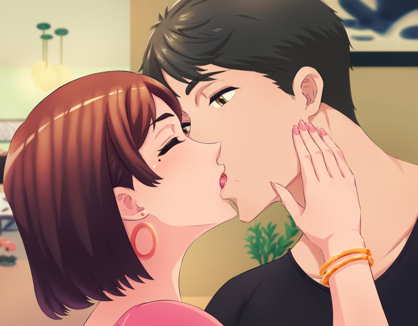 1boy 1girl bangle black_hair black_shirt bracelet brown_hair cheating_(relationship) closed_eyes collarbone earrings french_kiss hand_on_another's_face highres indoors jewelry kiss looking_at_another mature_female mole mole_under_eye nail_polish original pink_nails pink_shirt renemu saliva shirt short_hair yellow_eyes
