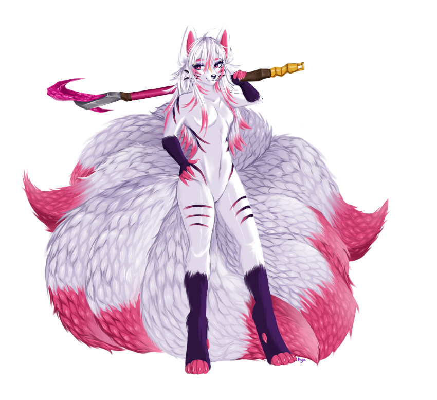 9_tails absurd_res anthro breasts canid canine catalyst_(fortnite) catalyst_reality_69420_(dracothegolden) dewclaw deya_uwu digitigrade epic_games featureless_breasts featureless_crotch female fortnite fox fur fur_markings gloves_(marking) harvesting_tool hi_res holding_object holding_weapon leg_markings mammal markings multi_tail pink_eyes smile socks_(marking) solo tail weapon white_body white_fur