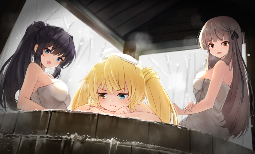 &gt;:( 3girls :d angry bare_arms bare_shoulders black_hair black_ribbon blonde_hair blue_eyes blunt_bangs blush breast_envy breasts brown_eyes clenched_hands commentary crossed_arms eyelashes frown hair_between_eyes hair_ribbon heterochromia highres konohana_lucia large_breasts light_blush light_brown_hair long_hair looking_at_another looking_to_the_side multiple_girls nakatsu_shizuru naked_towel onsen open_mouth outdoors ponytail rewrite ribbon senri_akane sideboob sidelighting smile snowing steam straight_hair tagame_(tagamecat) towel towel_on_head twintails v-shaped_eyebrows very_long_hair wet white_towel winter yellow_eyes