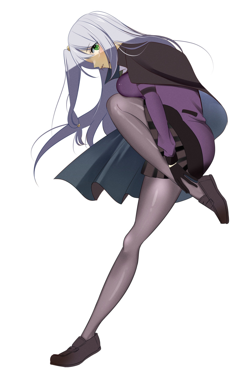 1girl absurdres assault_lily black_cape black_footwear black_gloves black_skirt brown_skirt cape cardigan collared_shirt commentary_request from_side full_body gloves green_eyes grey_hair grey_pantyhose hair_between_eyes hand_on_own_foot hand_on_own_leg hidai_miyazu highres kikikaikai_(kikikaikai_chan) leg_up loafers long_hair long_sleeves looking_at_viewer looking_to_the_side miniskirt one_side_up pantyhose parted_lips profile purple_cardigan school_uniform shirt shoes sideways_glance simple_background skirt solo standing standing_on_one_leg striped striped_skirt two-tone_skirt vertical-striped_skirt vertical_stripes white_background white_shirt