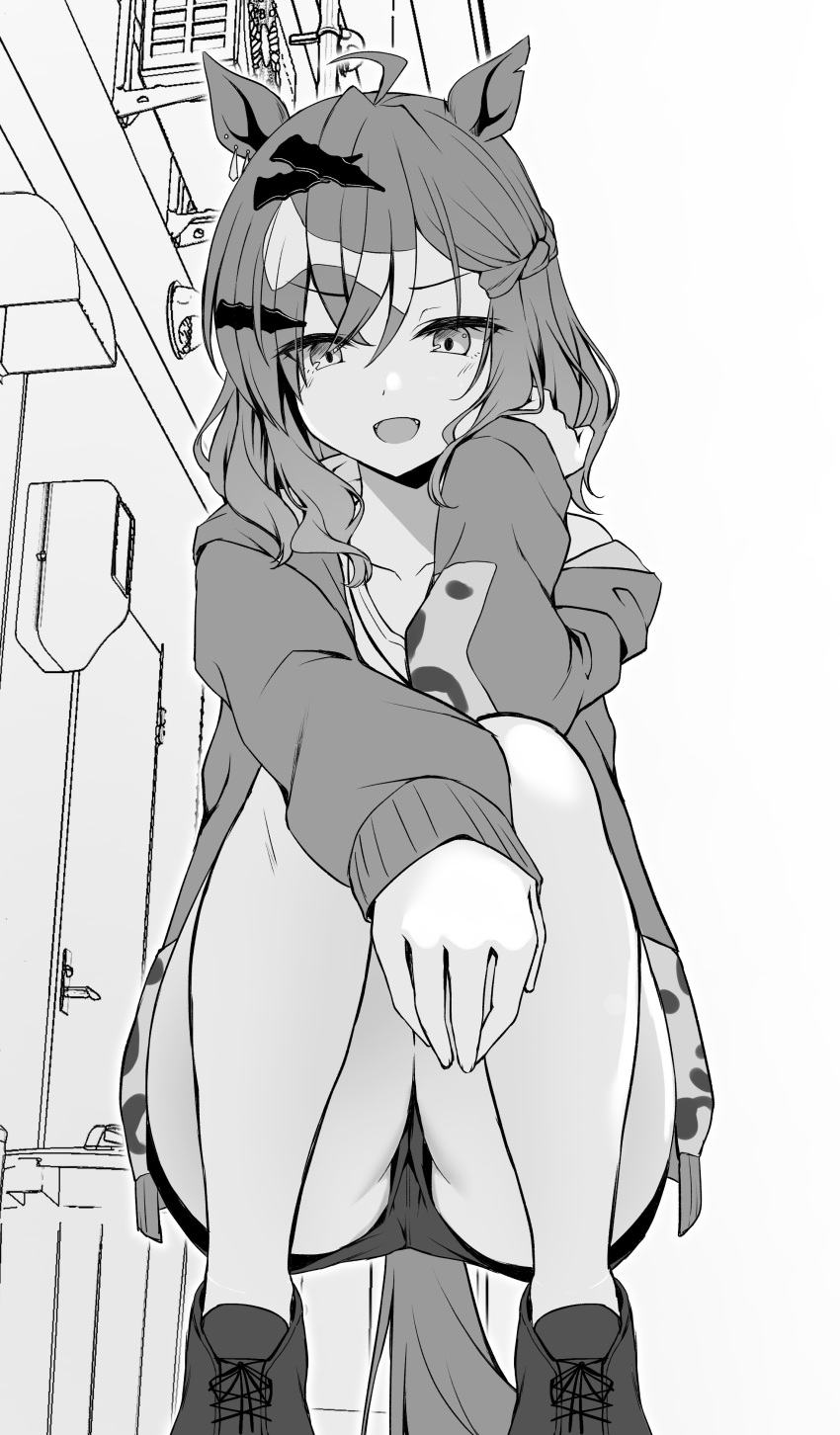 1girl absurdres animal_ears arm_rest bare_legs cardigan crotch_seam double-parted_bangs eyelashes feet_out_of_frame greyscale hair_ornament hand_up highres hood hood_down hooded_cardigan horse_ears horse_girl horse_tail jungle_pocket_(umamusume) long_hair long_sleeves looking_at_viewer monochrome open_cardigan open_clothes open_mouth outstretched_arm ryochapu shirt shoes short_shorts shorts sleeves_past_wrists solo squatting tail umamusume upshorts v-shaped_eyebrows