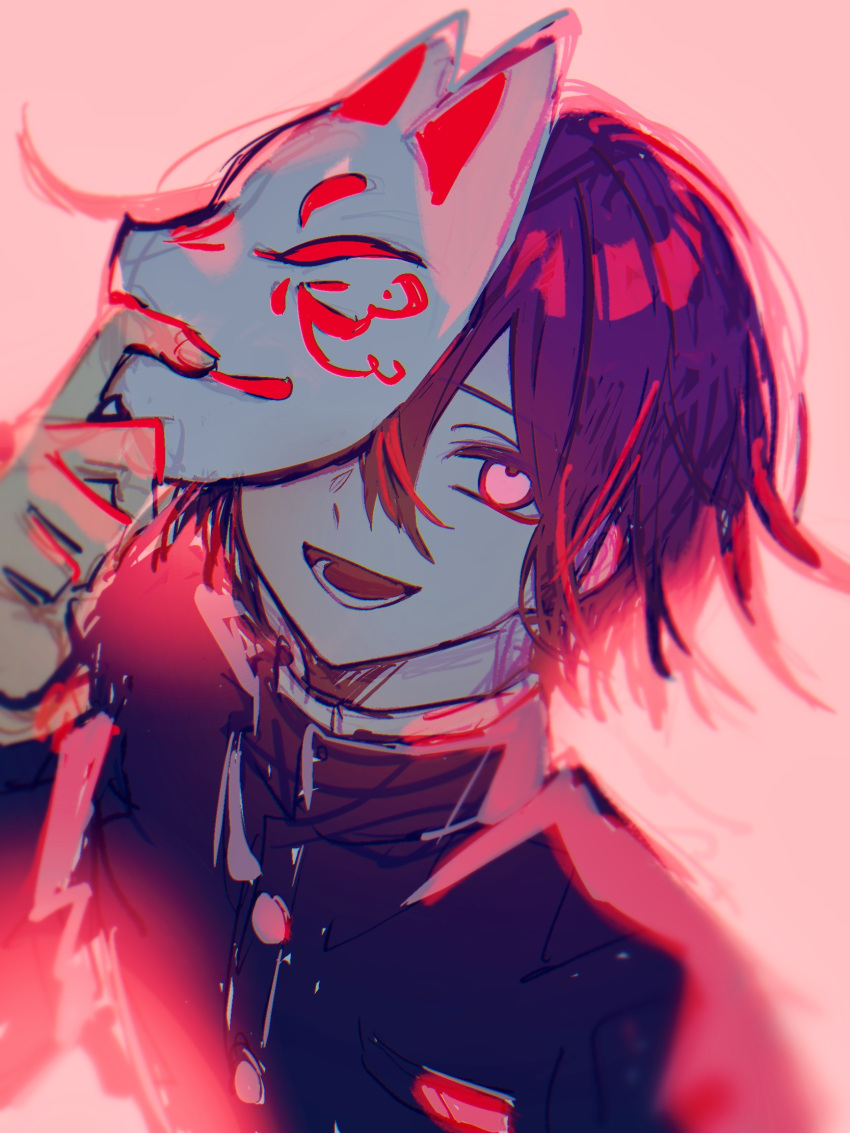 1boy danganronpa_(series) danganronpa_v3:_killing_harmony fox_mask glowing glowing_eyes hair_between_eyes highres holding holding_mask looking_at_viewer lower_teeth_only male_focus mask oma_kokichi one_eye_covered open_mouth pink_background pink_eyes portrait purple_hair school_uniform short_hair sketch solo teeth wavy_hair ze_ro_saiji