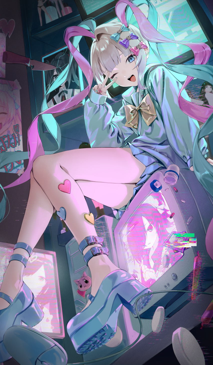 1girl absurdres akira_(nupekwa) ame-chan_(needy_girl_overdose) ankle_belt aqua_bow aqua_hair aqua_nails asymmetrical_hair asymmetrical_sidelocks bangs blonde_hair blue_bow blue_eyes blue_footwear blue_nails blue_shirt blue_skirt bottle bow chouzetsusaikawa_tenshi-chan computer crack crt eyeliner figure film_grain heart heart_stickers highres knife long_hair looking_at_viewer makeup monitor mouse_(computer) multicolored_hair multiple_monitors needy_girl_overdose one_eye_closed open_mouth picture_frame pill pill_bottle pink_bow pink_hair pink_nails platform_footwear platform_heels poster_(object) quad_tails red_nails school_uniform shirt single_sidelock sitting skirt v very_long_hair yellow_bow yellow_nails