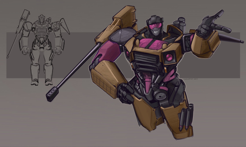 arm_cannon bullet clenched_hand decepticon english_commentary finger_gun grey_background hand_on_own_hip highres mecha multiple_views parted_lips redesign robot smile solo_focus straight-on swindle_(transformers) transformers tungsten_hale weapon